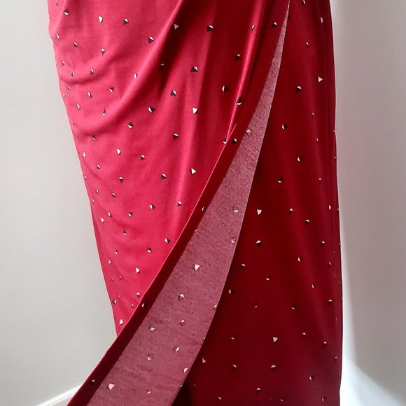 LE CHATEAU Y2K Red Faux Wrap Dress Gathered Detailing Small Geo Patten MEDIUM - Picture 6 of 8